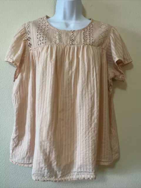 Ella Moss Brianne Crochet 100% Cotton Lined Keyhole Neck Short Sleeve Top SZ L