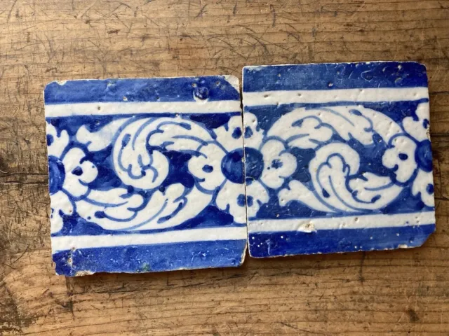 NICE! Matching Lot Of 2! ANTIQUE 17th CENTURY DELFT TILE Blue White Flora