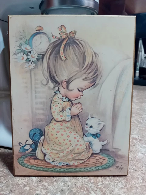 Vintage Little Girl Praying With Kitten Wall Hanging Plaque Coby 6" X 8"