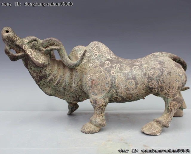 Chinese Dynasty Bronze Silver-Gilt Feng Shui Bull Cattle Ox Cow Statue Sculpture