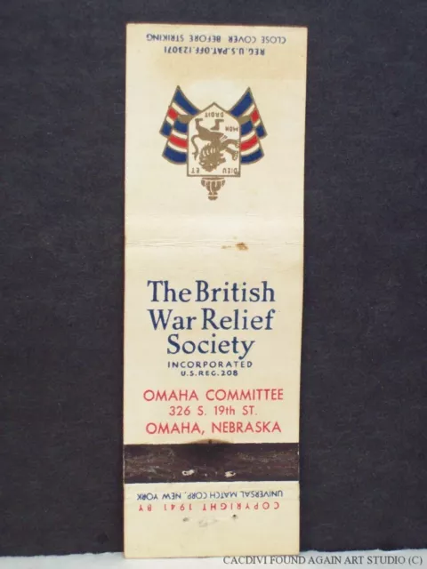 WWII Matchbook Cover Omaha NE British War Relief Society BWRS Emblem 1941 Vtg