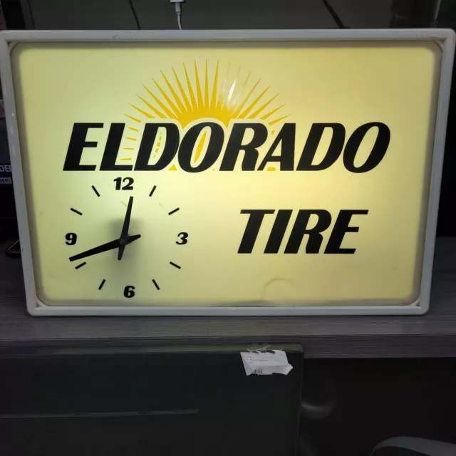 vintage ELDORADO TIRE ILLUMINATED 1980s SIGN CLOCK Working 21 x 14" advertising