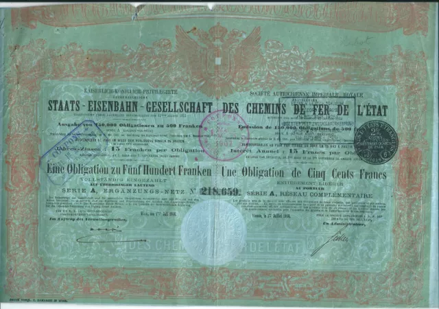 OBLIGATION Sté AUTRICHIENNE IMPERIALE ROYALE DES CHEMINS DE FER DE L'ETAT 1868