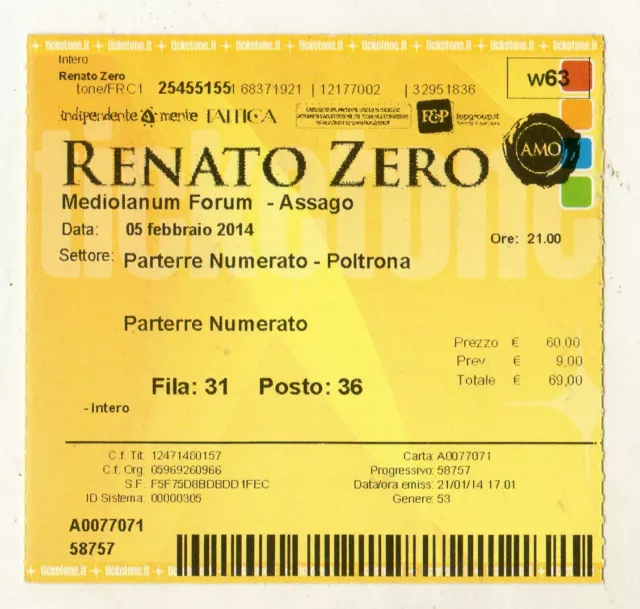 Biglietto Ticket Concerto Renato  Zero  Al Forum Di Assago   Milano   5-2-2014