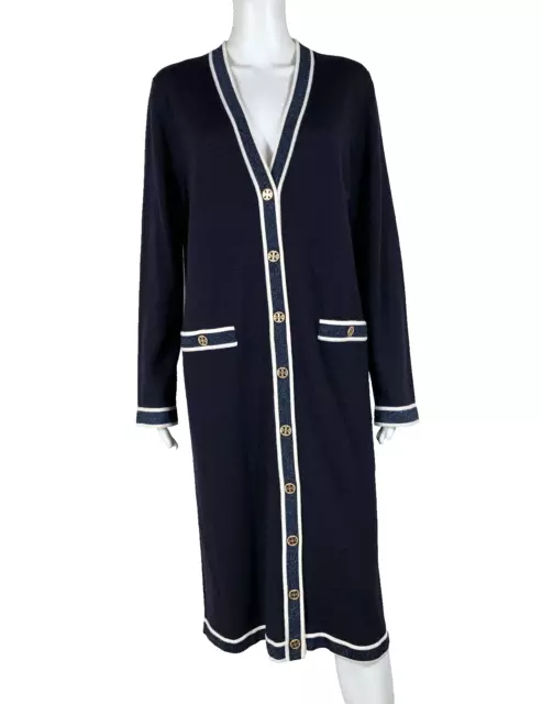 TORY BURCH Longline Madeline Merino Wool Cardigan Navy LOGO Buttons Large NTSF