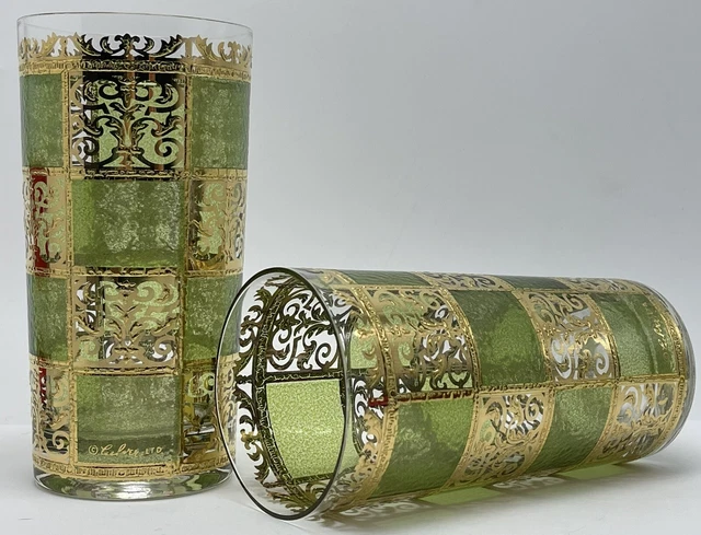 Culver Prado MCM Glasses Gold Green Checker Highball Tumbler Pair