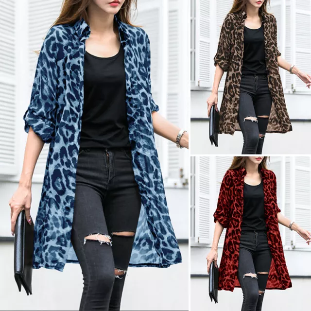 UK Womens Autumn Leopard Print Kimono Tops Cardigan Casual Loose Sun Coat Jacket