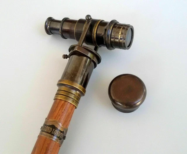 Canne Télescope Vintage Avec Boussole - Manche Bois Et Laiton - Reproduction Neuve