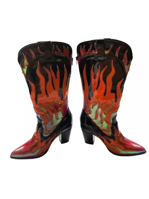 YRU Space Cowgirl Boots Women Sz 9 US SPACE FLAMES Back Zip high Heel Red black