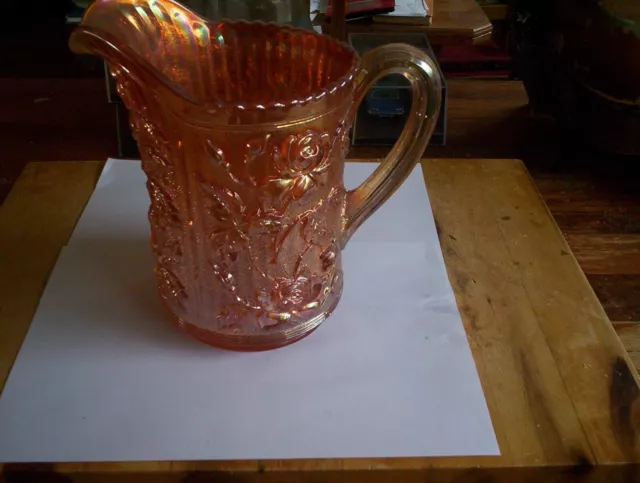 Imperial carnival Glass Lustre rose Pitcher in Marigold Ribbed Interior