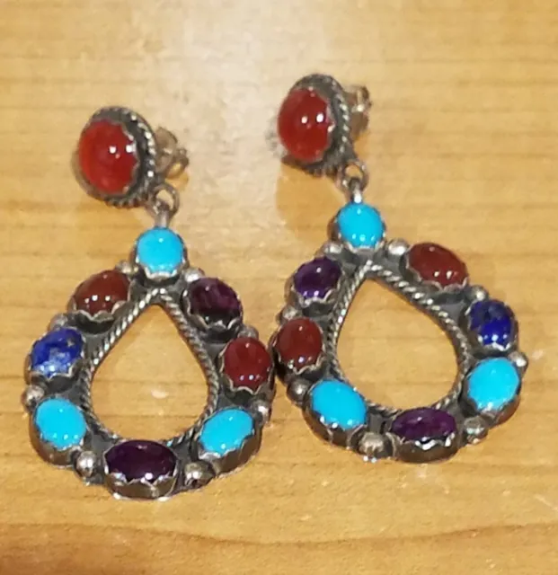 New/Vintage Navajo/Native American Sterling/Multi-stone Earrings - Hallmark "BN"