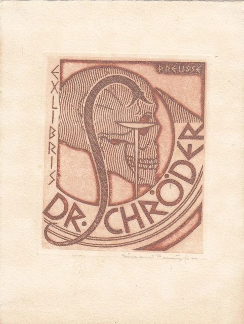 Bookshelf bookplate etching Richard Preusse 1888-1971 skull natter chalice