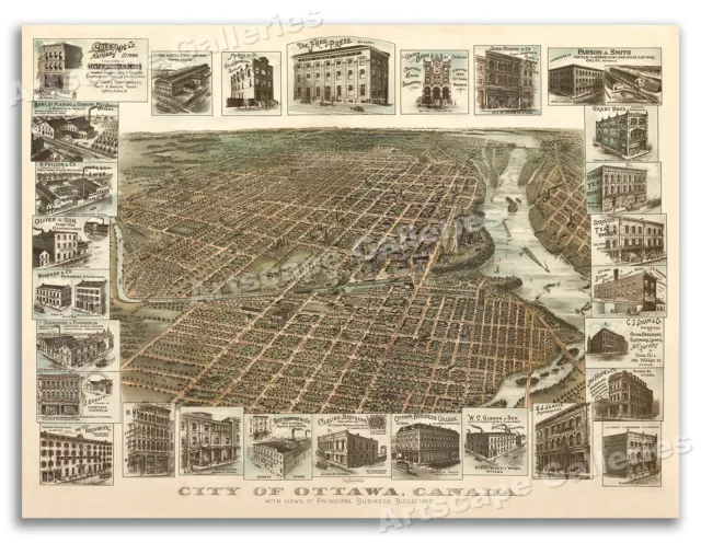 1895 Ottawa Canada Vintage Old Panoramic City Map - 24x32