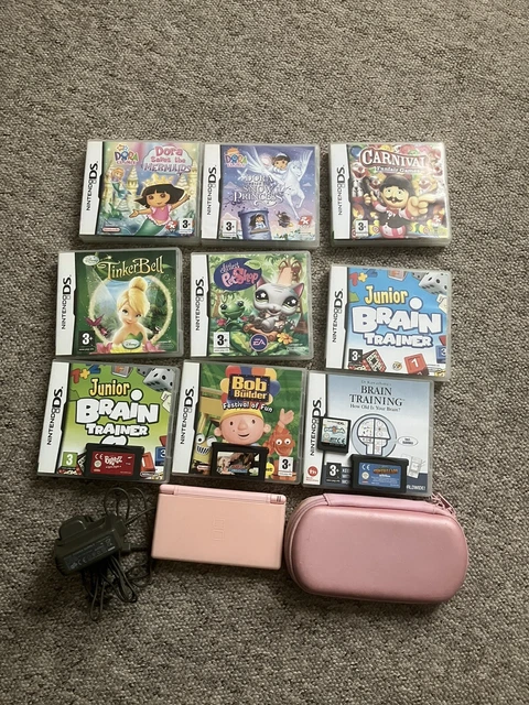 Nintendo DS Lite Pink Game Bundle 13 x Games Original Charger & Case Bratz Dora