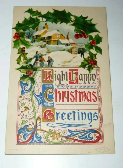Vintage 1909 Christmas Greetings Postcard Embossed Holly Berries Snow House