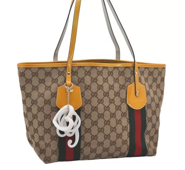 Auth GUCCI Jolie Web Sherry Line Tote Bag GG Canvas Enamel 211971 Brown 7721I