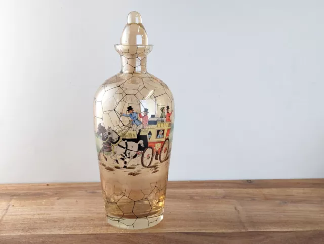 Coach & Horses Vintage Glass Decanter Czech hand painted Borokristal O Goirtue