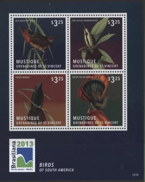 Hoja de recuerdo de aves Mustique Granadinas de San Vicente 2013, Brasiliana, MNH