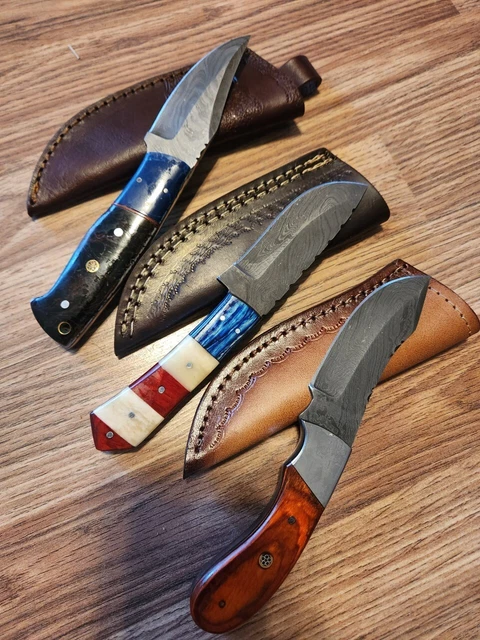 Hand Crafted Skinner Knife Damascus Ash Wood Brass Guard Lot of 3 Hiking