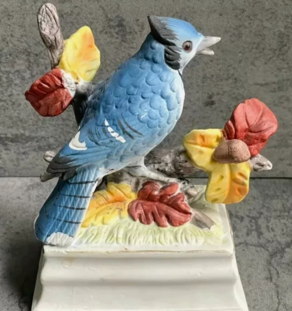 Vintage Towle Fine Porcelain Hand Painted Blue Jay Bird Music Box 6" Tall