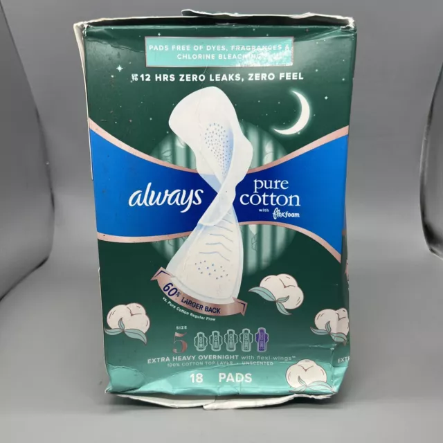Almohadillas de algodón siempre puro (talla 5) alas flexibles extra pesadas durante la noche 18 quilates 12 horas E