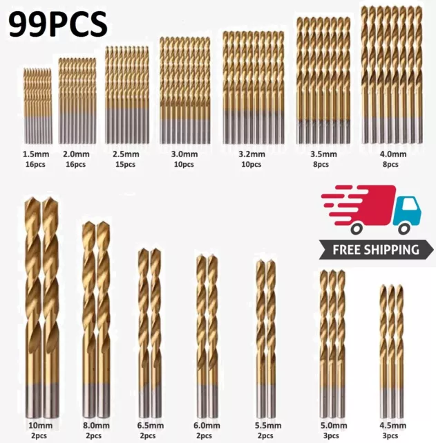 99Pcs Titanium Coated Drill Bits Set HSS Drill Power Tools 1.5mm-10mm