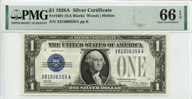 1928A $1 Silver Certificate  Fr# 1601 PMG Gem 66 EPQ