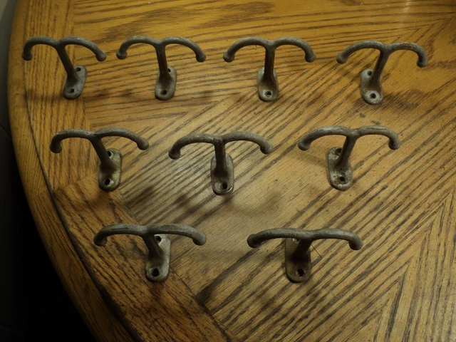 Vintage 9 pcs Cast Iron Ceiling or Shelf Mount Double Hook Hardware 2-5/16" Tall