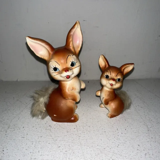 Vtg Enesco Randy Rabbit Easter Bunny Figurines With Fur 1950'S Japan Rare