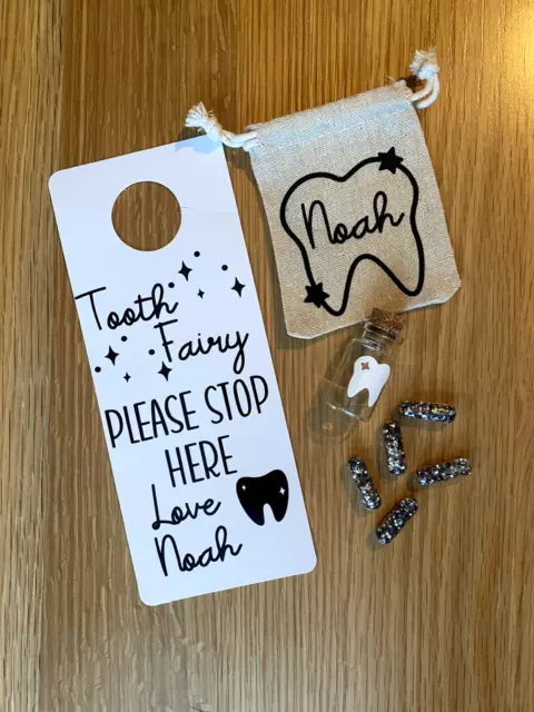 Personalised Tooth fairy keepsake set (bag, door hanger, jar and fairy dust)