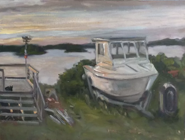 Boat At Sunset With Black Cat In Lubec Maine Original Oil Painting