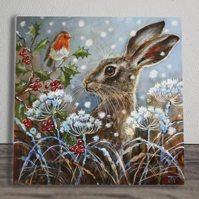 Ceramic Picture Tile "Winter Flurry Hare" By Judith Yates New Boxed 20cm x 20cm