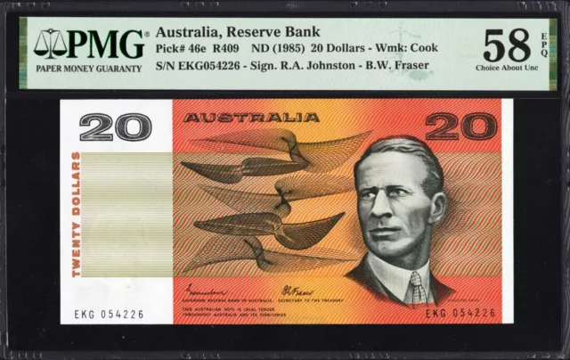 Australia 20 Dollars P46e R409 1985 Johnston Fraser PMG58 aUNC EPQ Note GOTHIC