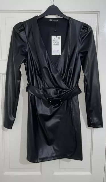 Zara Black Faux Leather Mini V-Neck Wrap Dress With Belt Size M Bnwt