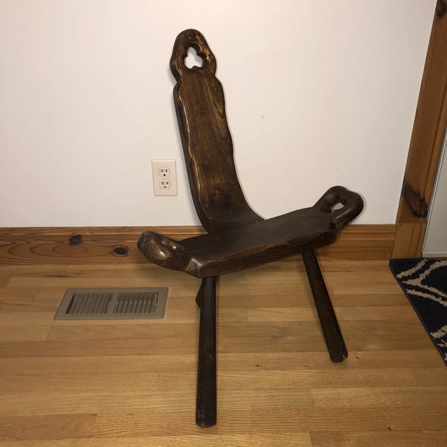 Antique Primitive Wood Milking Stool Birthing Chair Folk Art 3 Legged w/ Back