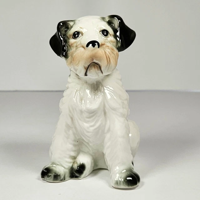 Vintage Terrier Puppy Dog Figurine White Gray Brown Bone China