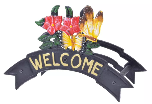 Welcome Garden Hose Holder Reel Butterflies & Flowers Black Cast Iron 12.38" W