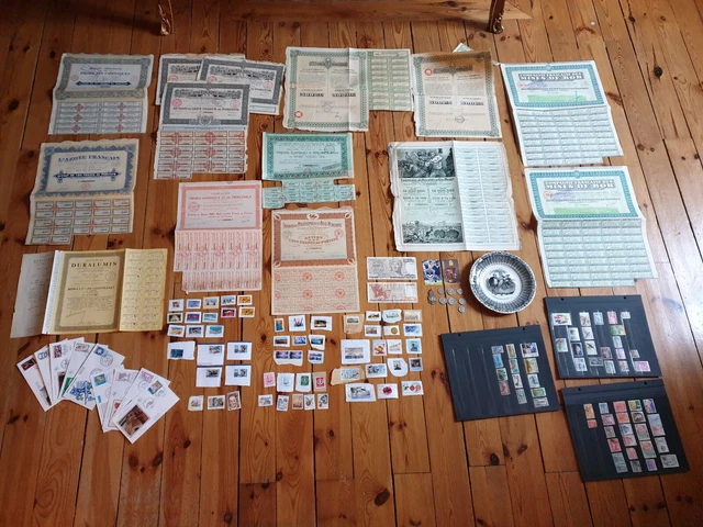 Lot timbres, billets, env. 1er jour, actions, monnaies, assiette Digoin XIXe S.