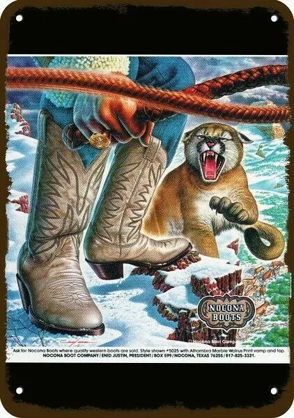 1982 NOCONA BOOTS Cowboy vs. Cougar Vintage Look DECORATIVE REPLICA METAL SIGN