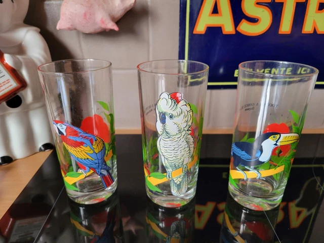 3 Grands Verres Vintage Limonade Jus De Fruit Orangeade Oiseaux Exotiques  🌴🦜