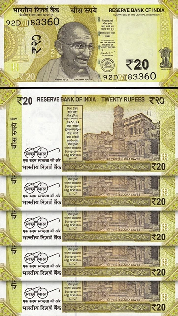 India 20 Rupees 2021, UNC, 5 PCS LOT, P-New, Mahatma Gandhi