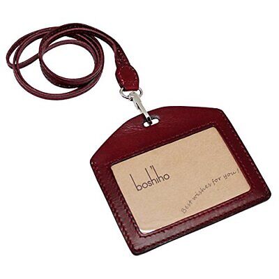 Boshiho Genuine Leather ID Card Badge Holder with Heavy Duty Lanyard Horizont...
