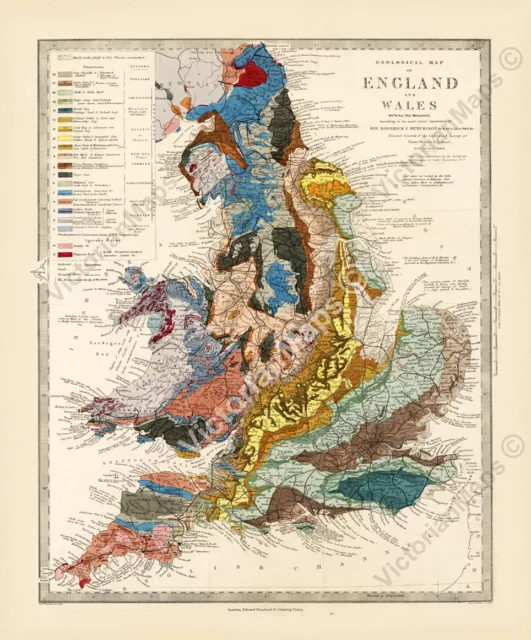 antique Victorian geological map England Wales R Murchison 1842 art print poster