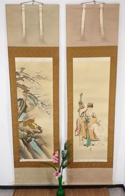 Japanese Antique Hanging Scroll Painting Juro Turtle Set of 2 157×42cm w/Box F/S