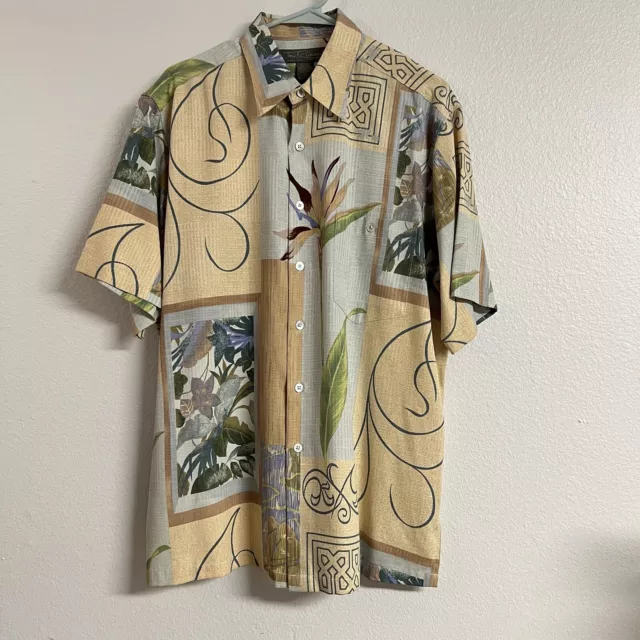 Tori Richard Mens M Yellow Cream Blue Bird of Paradise Silk Aloha Hawaiian Shirt