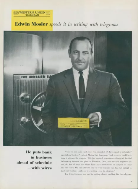 1958 Western Union Telegram Edwin Mosler Safe Bank Vault Door Vtg Print Ad L14