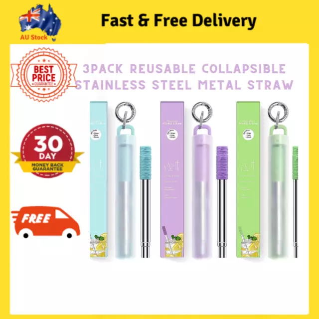 3Pack Reusable Collapsible Stainless Steel Metal Straw Portable w/ Silicone Tips