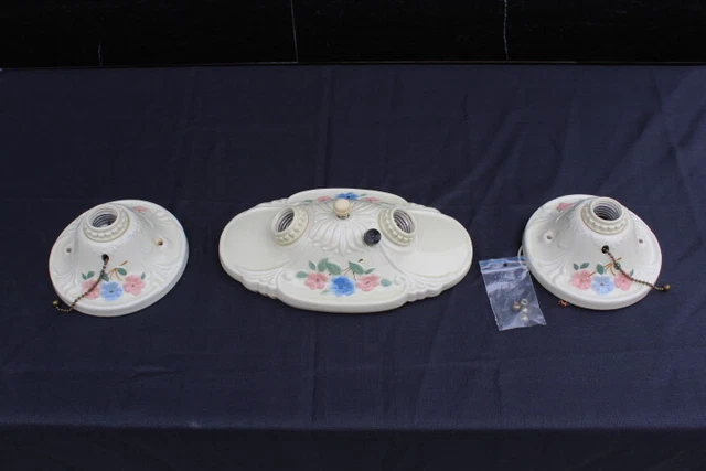VTG Art Deco Floral Porcelain Set of 3 Fixture Flush Mount Ceiling Porcelier