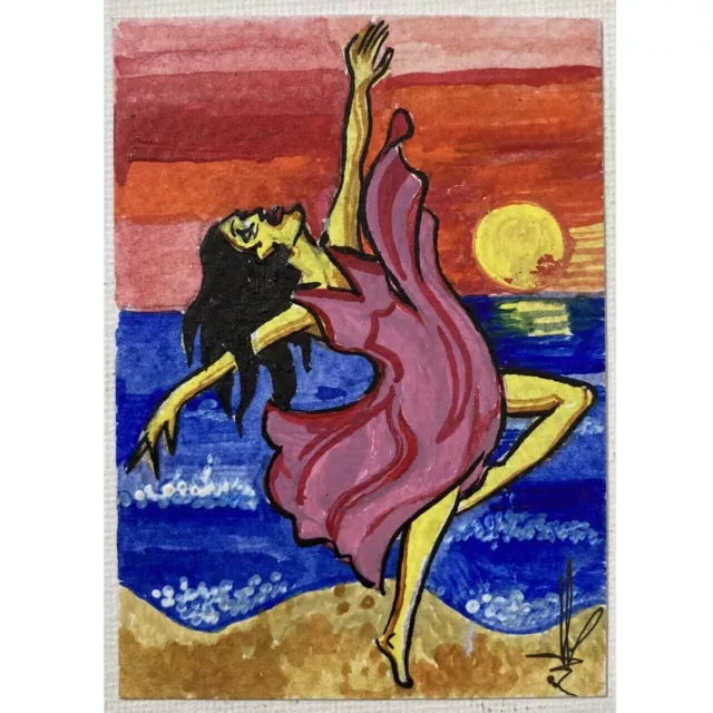ACEO ORIGINAL PAINTING Mini Art Card People Woman Girl Dance Evening Sunset Ooak