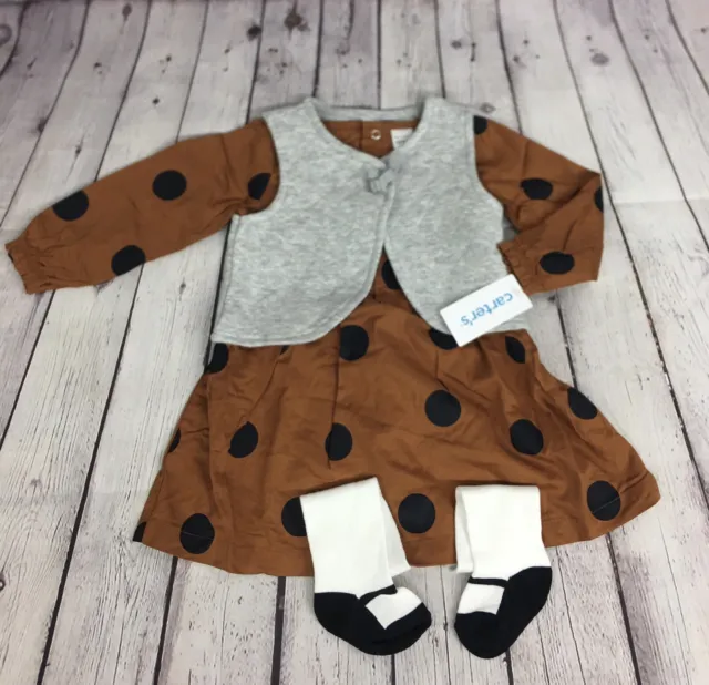 18M  Carter's  3-piece Girl Set with Polka Dot Dress/Vest/Tights New with Tags